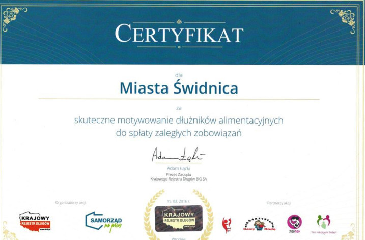 Certyfikat dla Gminy Miasta Świdnica