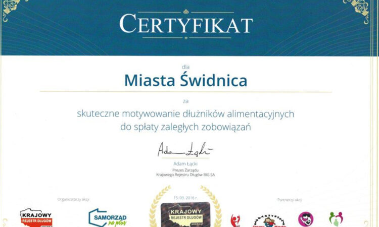 Certyfikat dla Gminy Miasta Świdnica