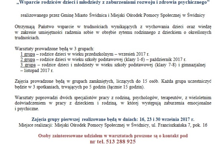 Zapraszamy na warsztaty psychoedukacyjne dla rodziców